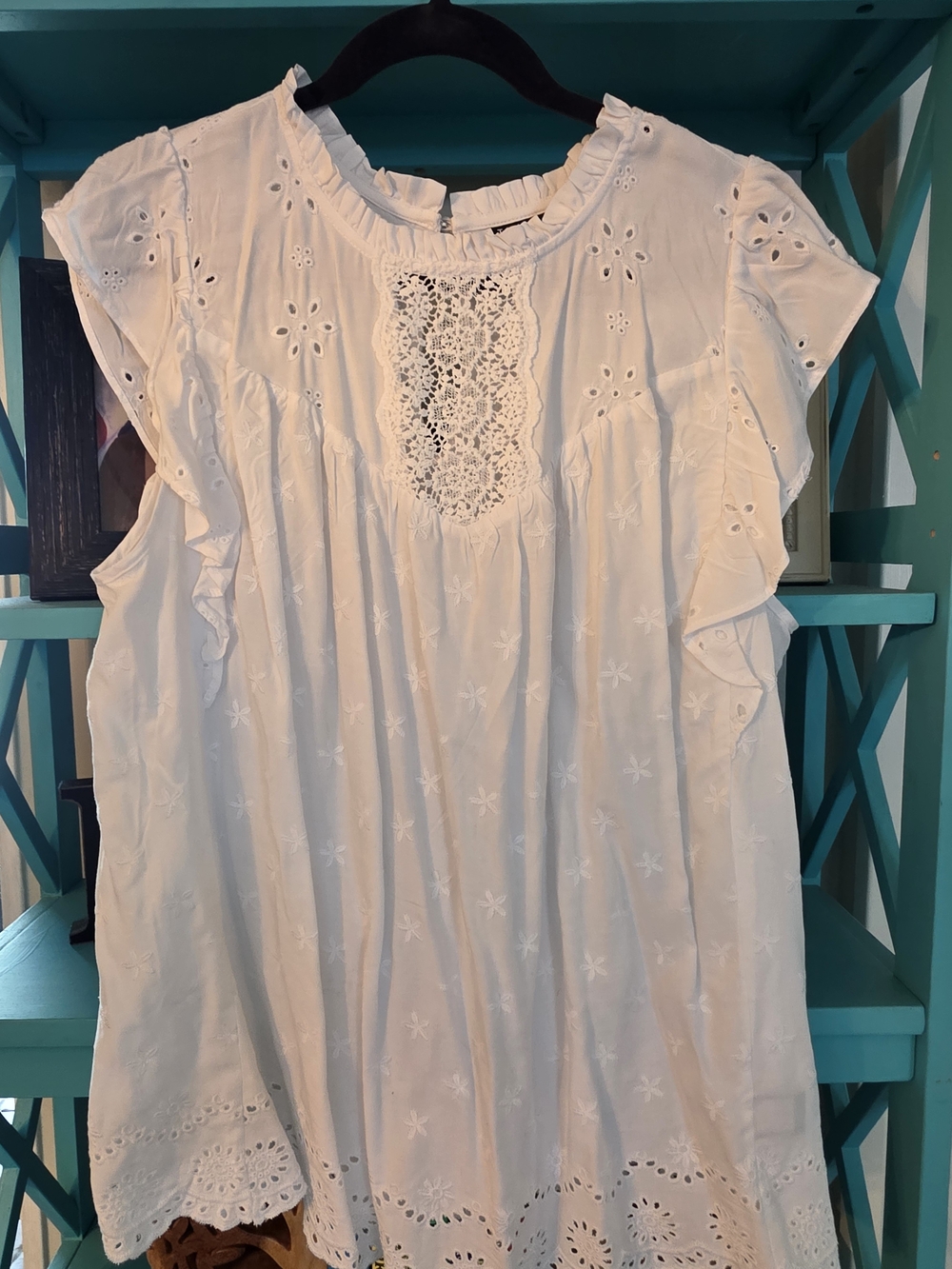 torrid White Eyelet Crochet Yoke Ruffle Sleeve Tunic
